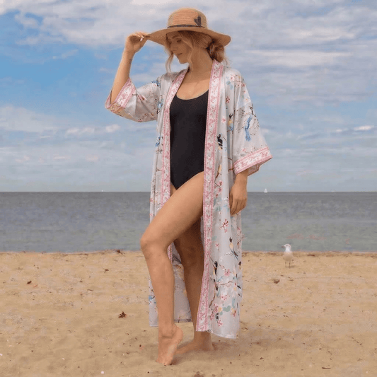 Paradise Florals Peach Blossom & Bird Kimono Style Bathrobe - image 0