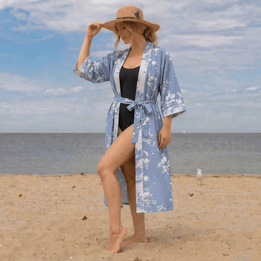 Azure Blooms Double Gauze Elegant Floral Cotton Kimono Robe - image 0