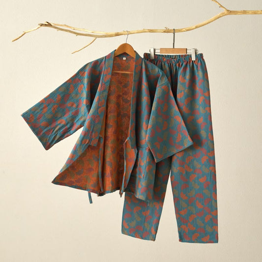 Ownkoti Ginkgo Leaf Cotton Kimono Loungewear Set - Blue - XL - image 1