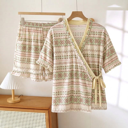 Geometric Pattern Ruffle Sleeve Pajama Set - Beige - 3XL - image 0