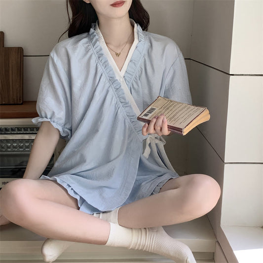 Light Blue Ruffle Sleeve Pajama Set - image 1