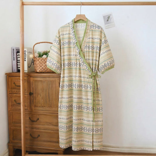 Geometric Pattern Ruffled Side-tie Nightgown - Green - 3XL - image 0