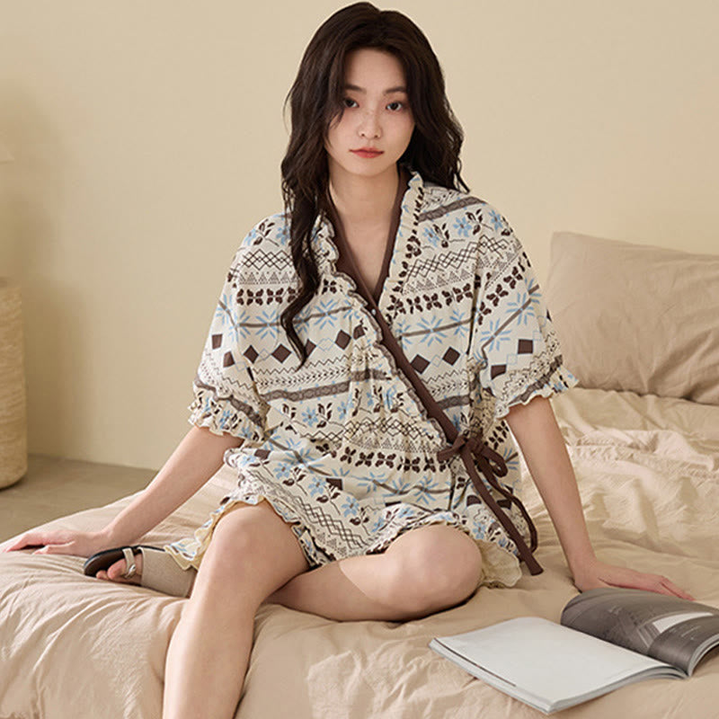 Geometric Pattern & Floral Ruffle Sleeve Pajama Set - image 3