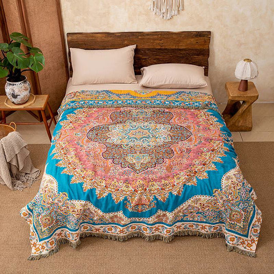 Vintage Pattern Cotton Gauze Tassel Quilt Blanket - Queen - image 0