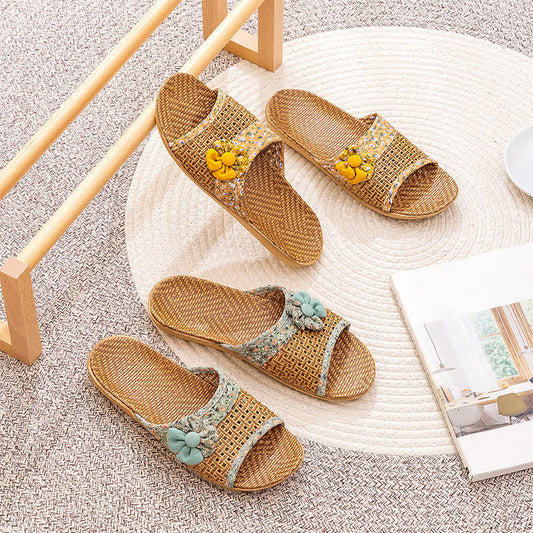Floral Rattan Straw Slides House Slippers - image 1