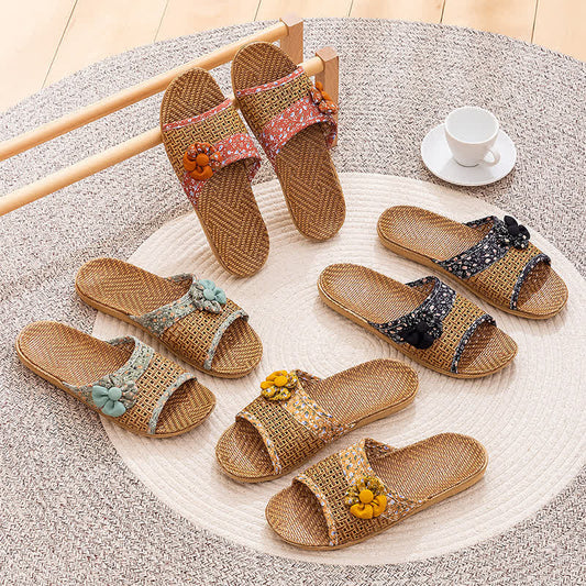 Floral Rattan Straw Slides House Slippers - image 0