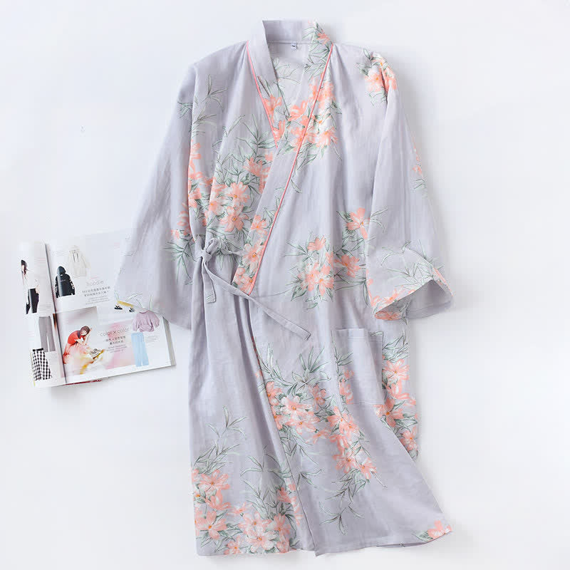 Pink Floral Cotton Gauze Kimono Robe - Blue - L - image 10