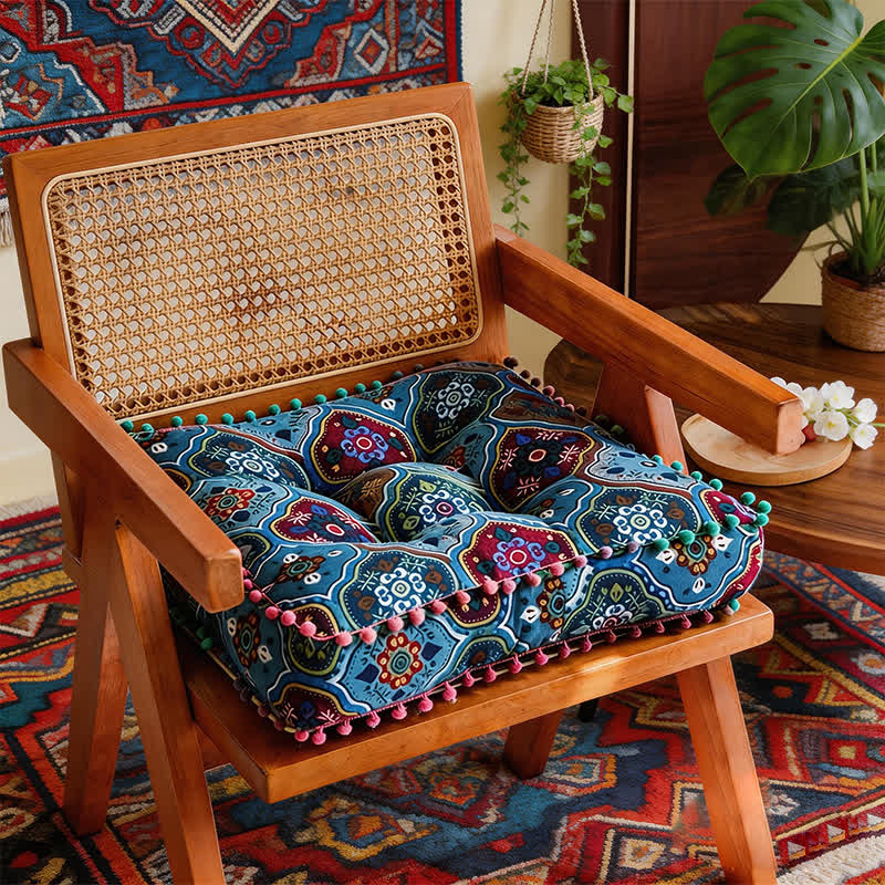 Bohemian Cotton Linen Ethnic Chair Pad - Blue - 16"W x 16"L x 3"H - image 2