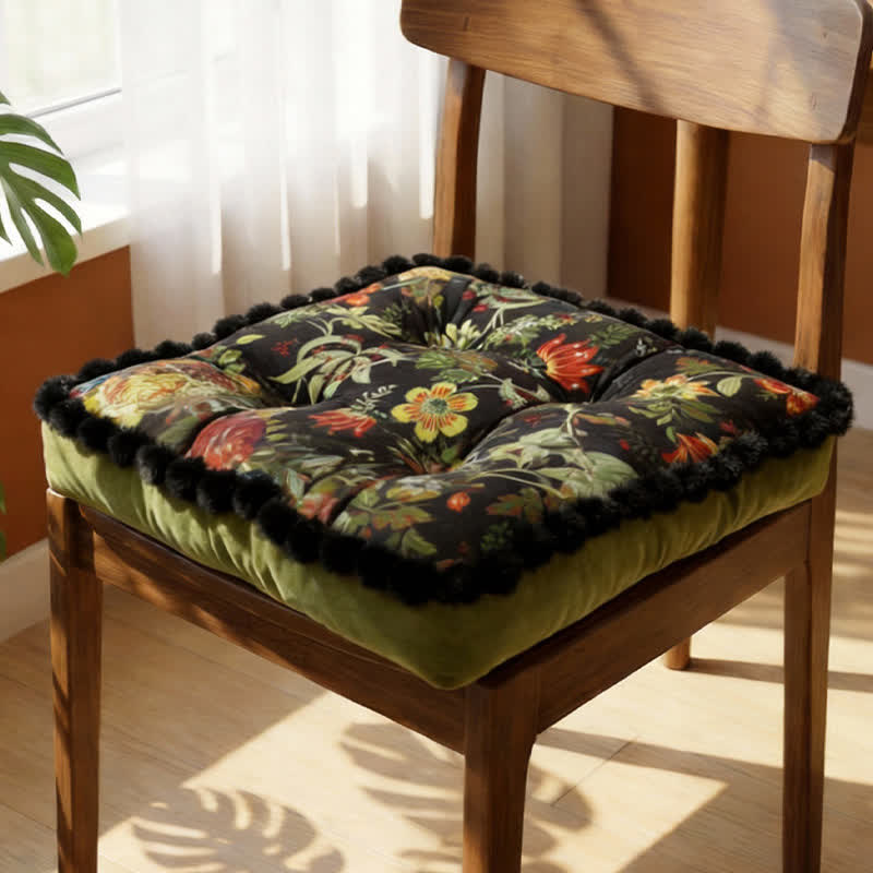 Vintage Floral Seat Cushion with Pom-Pom Trim - Dark Green - 16"W x 16"L x 3"H - image 8