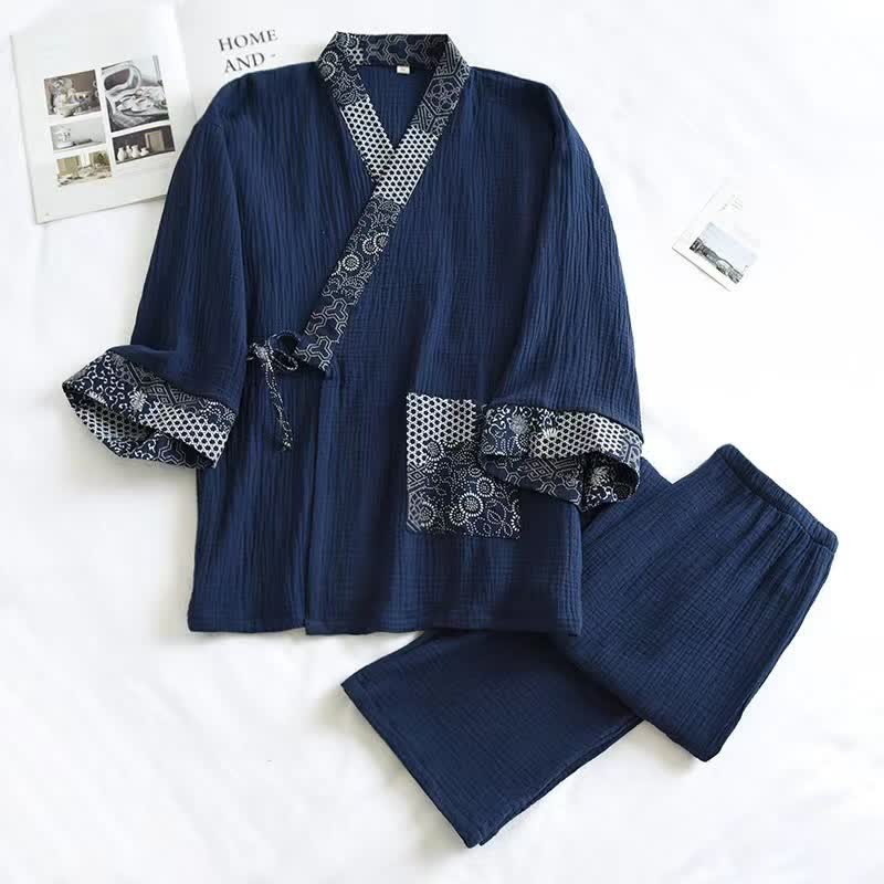 Ethnic Style Cotton Gauze Kimono Pajamas - Navy Blue - XL - image 9