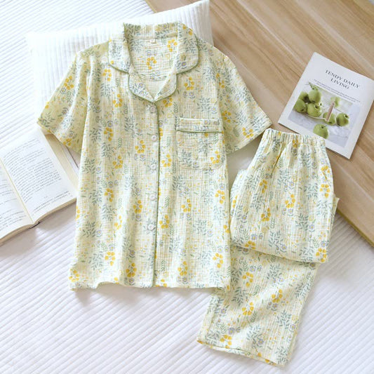 Tulip & Leaf Cotton Gauze Pajama Set - Green & Yellow - XL - image 0
