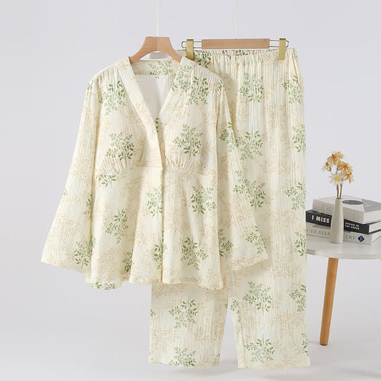 Botanical Leaf Cotton Gauze Pajama Set - Green & Beige - XL - image 0