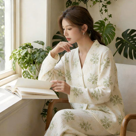 Botanical Leaf Cotton Gauze Pajama Set - image 1