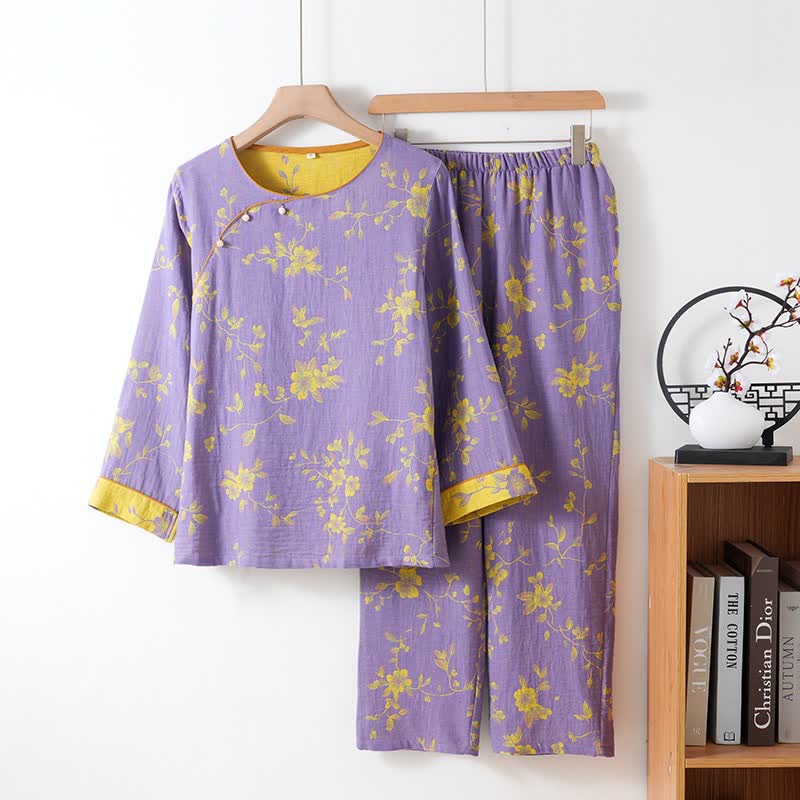 Asian Inspired Floral Cotton Pajama Set - Purple - XXL - image 0