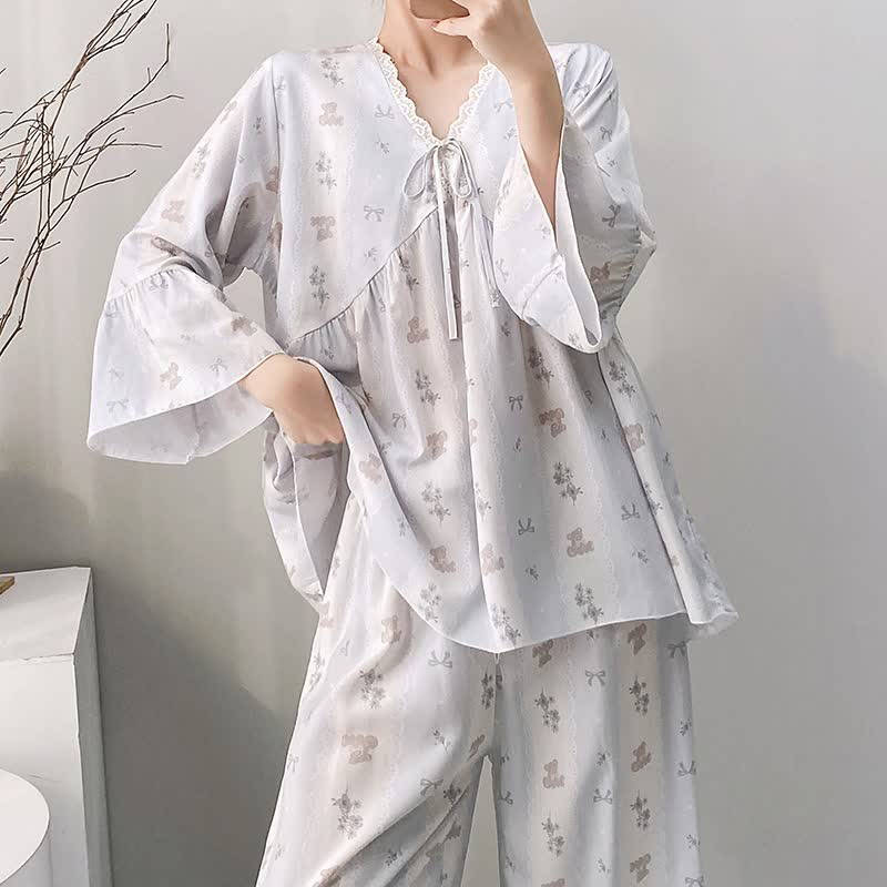 Floral & Bow V-Neck Lace Trim Pajama Set - image 6
