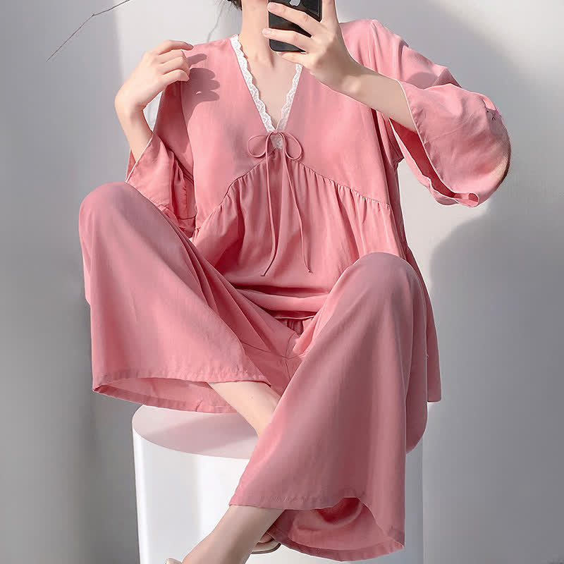 Solid V-Neck Lace Trim Pajama Set - image 17
