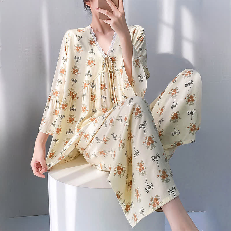 Rustic Floral & Bow Lace Trim Pajamas - image 4