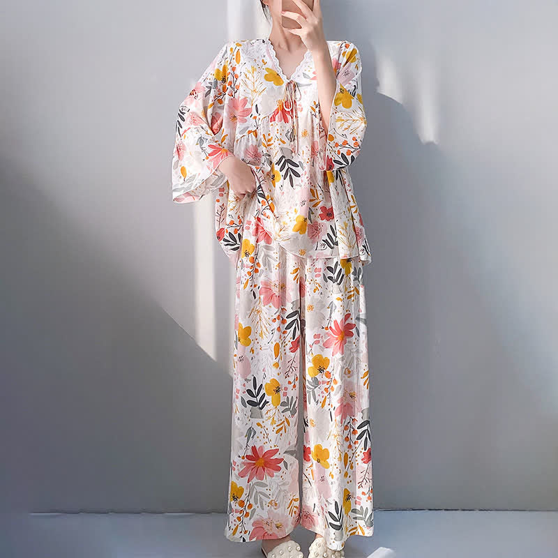 Floral & Leaf Lace Trim Pajama Set - image 4