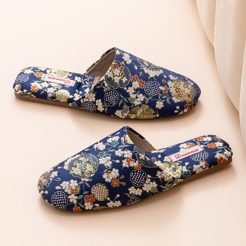 Chinoiserie Embroidered Satin House Slippers - Navy Blue - 2XL - image 14
