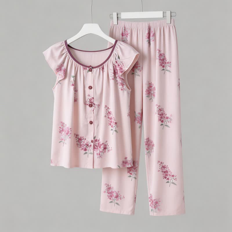 Floral Flutter Sleeve Button Front Pajamas - image 3