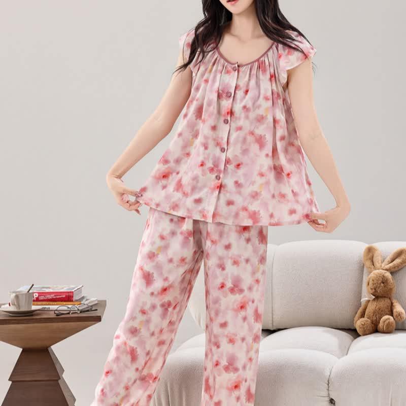 Pink Floral Button Front Loungewear Set - image 3