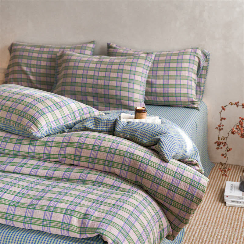 Checkered Cotton Duvet Cover Bedding Set - Yellow&Purple - King - Flat Sheet - image 11