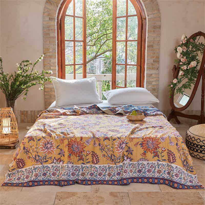Vibrant Floral Jacquard Cotton Gauze Quilt Blanket - 79"W x 90"L - image 0