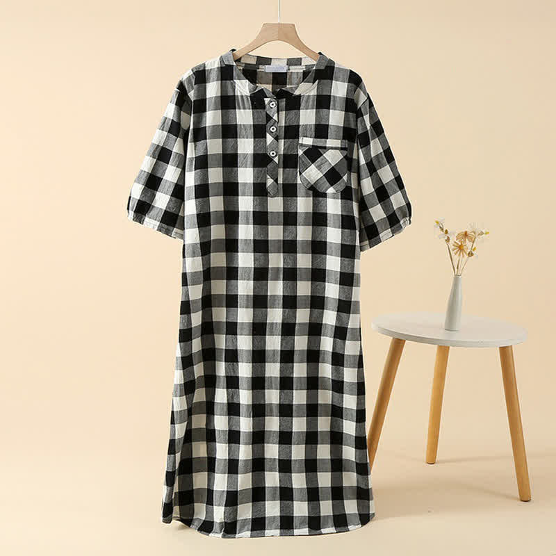 Plaid Cotton Gauze Nightgown with 3-Button - Gray - XL - image 3