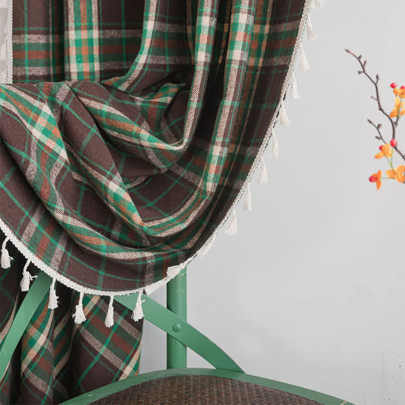 Vintage Style Green Plaid Tassel Curtain - image 9