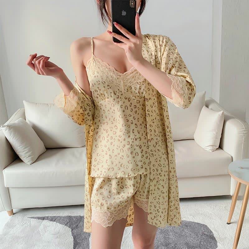 Leopard Lace Trim Cami Shorts Robe Set - image 10