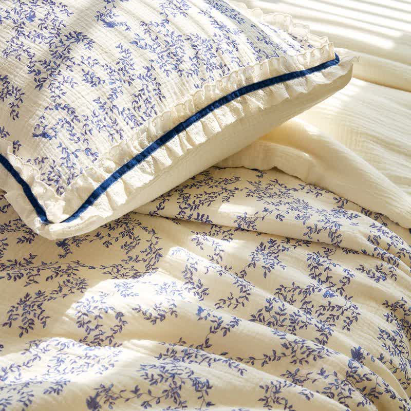 Blue Leaf Ruffled Cotton Gauze Quilt - image 9