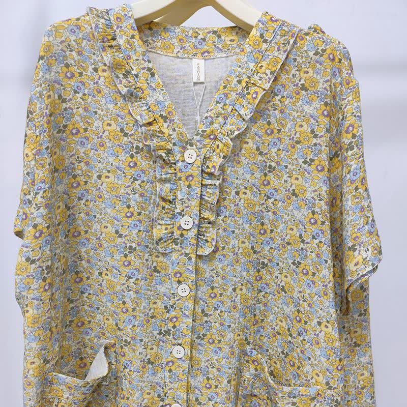 Yellow Floral Cotton Ruffle Loungewear Set - image 3