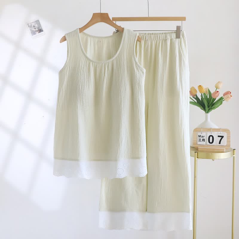 Solid Cotton Gauze Lace Loungewear Set - image 14