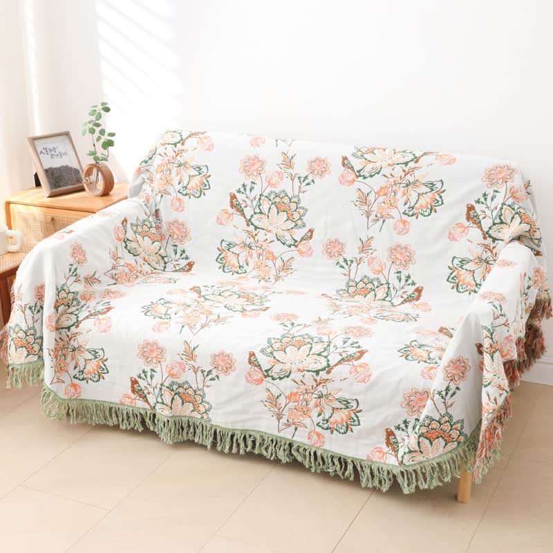 Tassel Reversible Floral Cotton Quilt Blanket - image 11