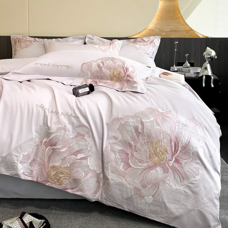Luxury Peony Embroidered Cotton Bedding Set(4PCS) - Purple - King - image 14