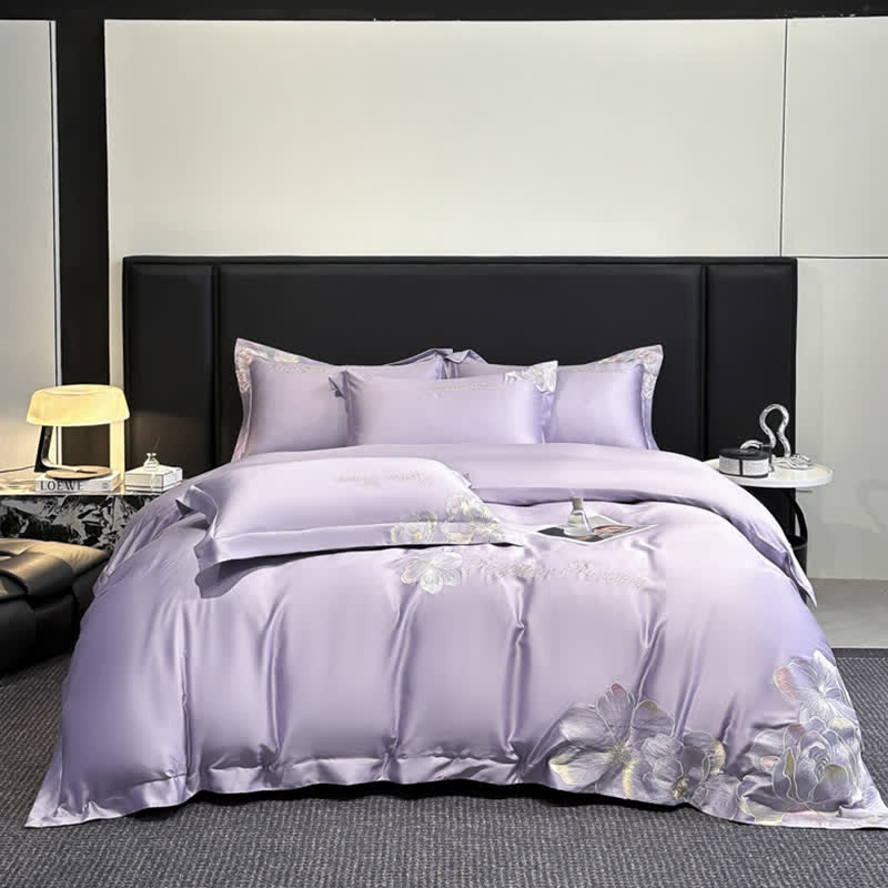 Luxury Floral Embroidered Cotton Bedding Set(4PCS) - Purple - King - image 14