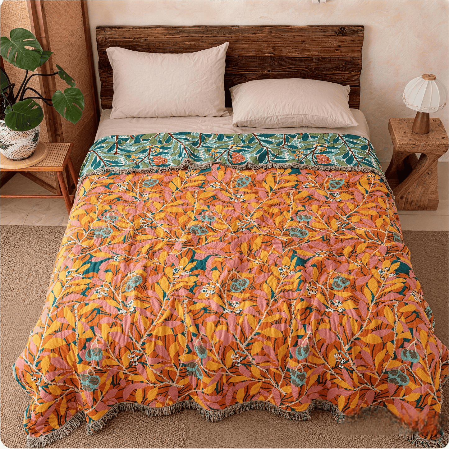 Ownkoti Vintage Botanical Fringed Reversible Gauze Quilt - image 3