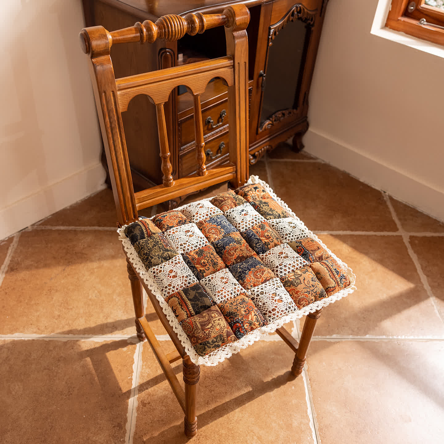 Bohemian Patchwork Square Chair Pad - Brown - 16" x 16" - image 1