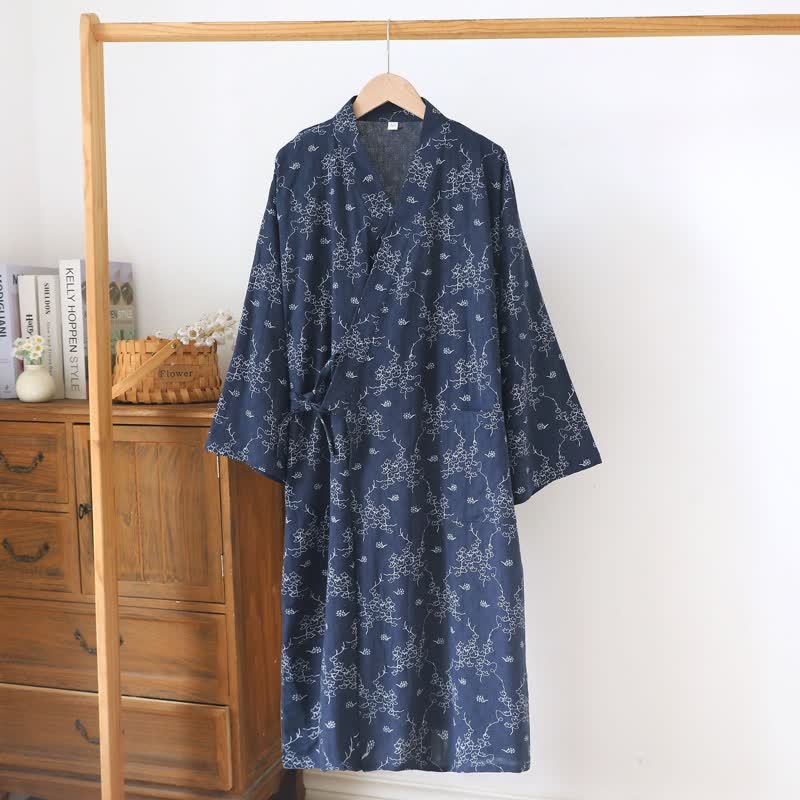Unisex Floral Cotton Kimono Lounge Robe - Navy - XL - image 13