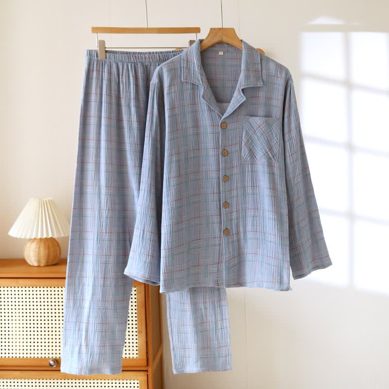 Colorful Stripe Check Cotton Matching Pajamas - Men: Blue - 2XL - image 25
