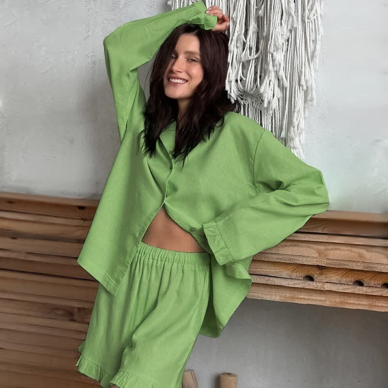 Solid Cotton Ruffle Trim Women's Pajamas - Green - L - image 10