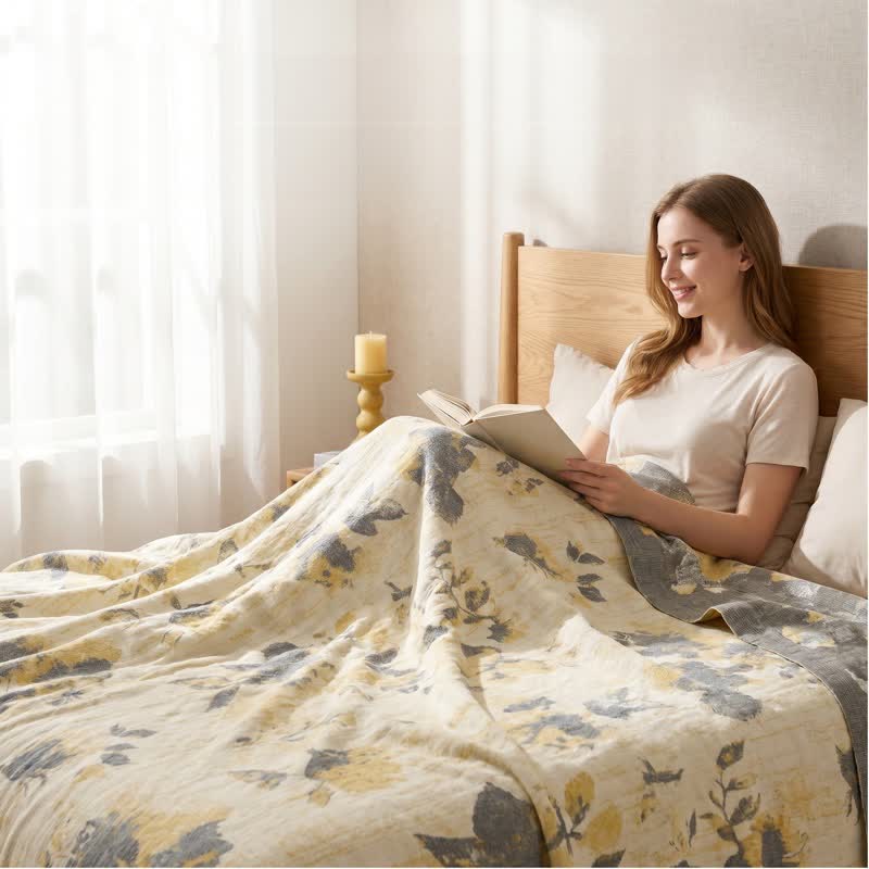 Yellow & Gray Floral Cotton Quilt Blanket - image 3