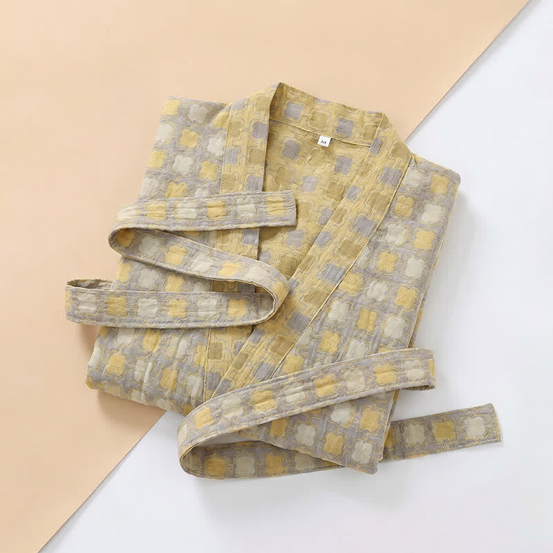 Soft Yellow Grey Cotton Plaid Kimono Robe - image 8