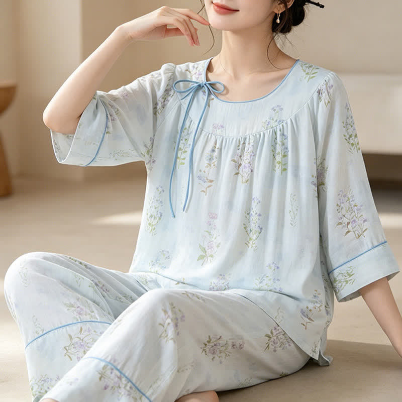 Floral Bamboo Cotton Tie Neck Pajamas - image 16