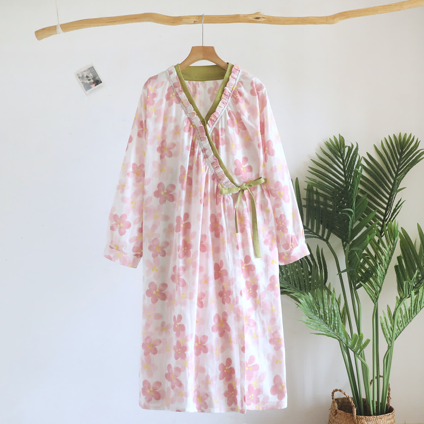 Sakura Floral Cotton Gauze Kimono Nightdress - Beige - Long Sleeve - L - image 13