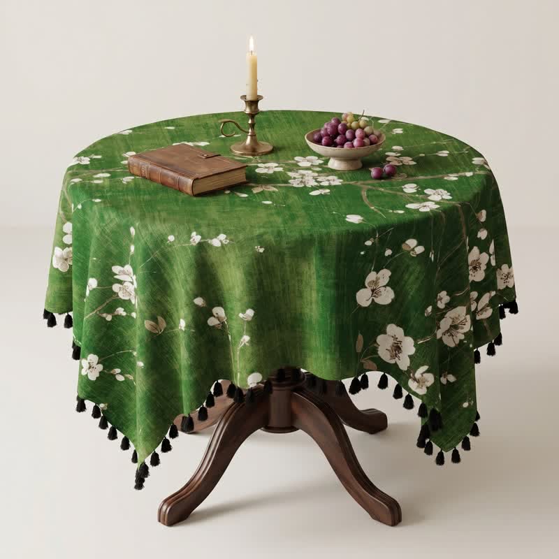 Vintage White Plum Blossom Tassel Tablecloth - image 3