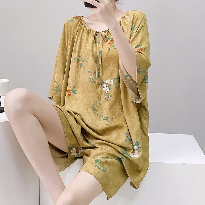 Vintage Botanical Floral Tie-Neck Pajama Set - image 2