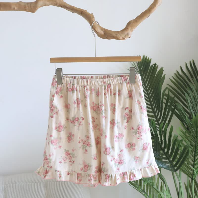 Pink Floral Cotton Ruffle Pajama Shorts - Beige - XL - image 0