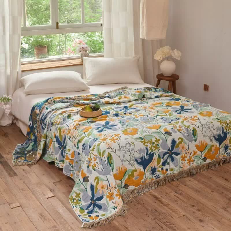 Bright Floral Cotton Gauze Quilt Blanket - King - Tassel Edge - image 7