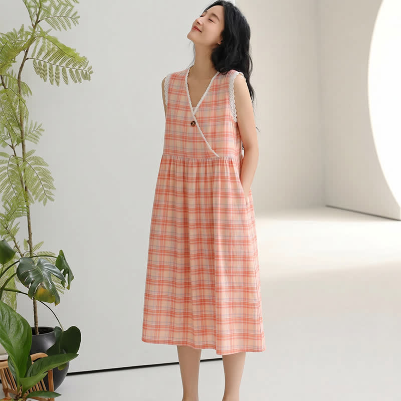 Ownkoti Rainbow Plaid Double Gauze Lace Trim NightDress - image 5